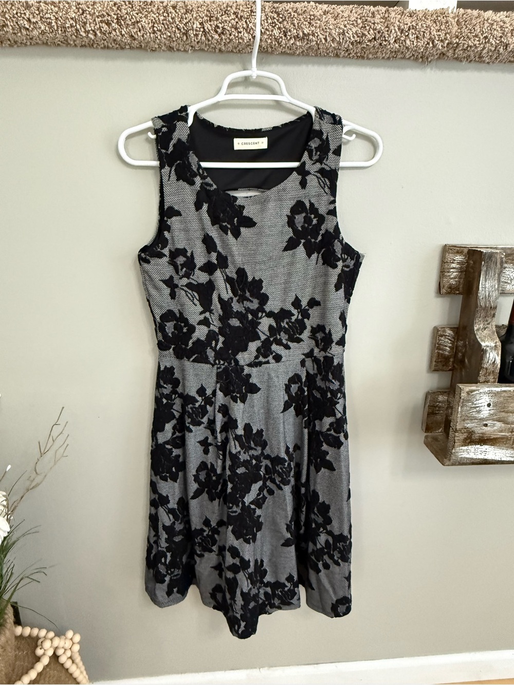 Crescent Gray Dress with Black Floral Lace Overlay